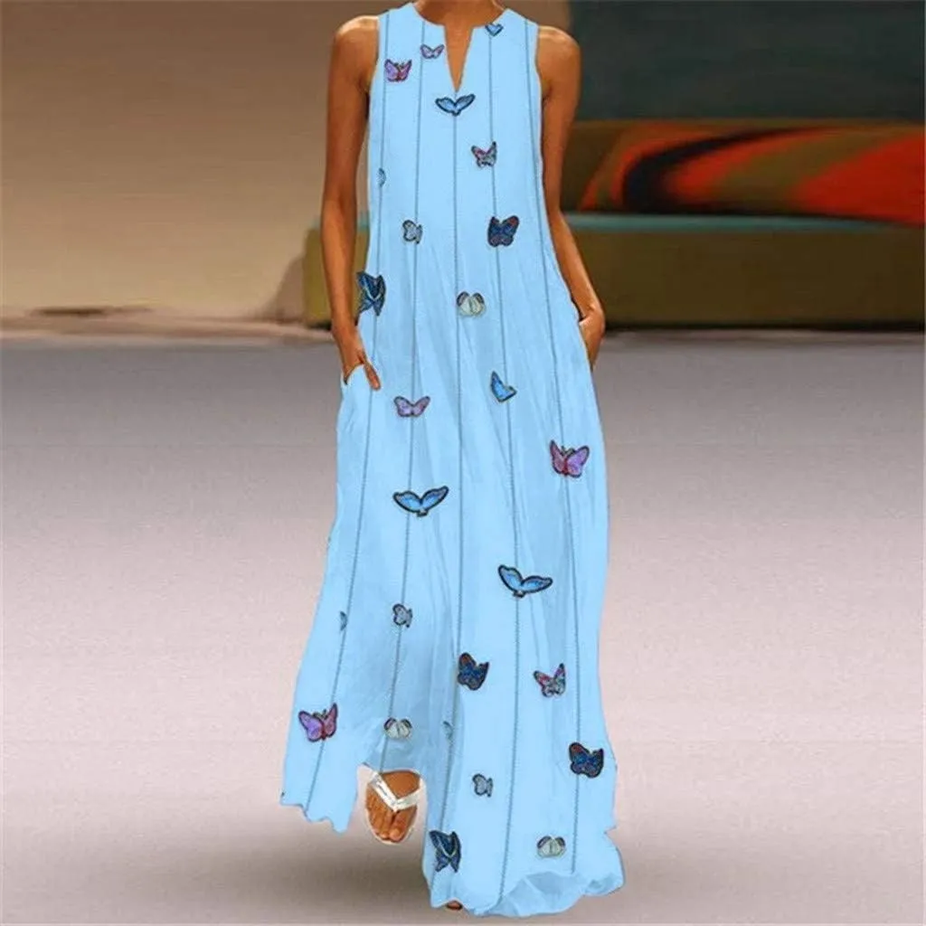 Summer Dresses for Women 2024 Plus Size Casual Loose Boho Sundress with Pockets V Neck Printed Sun Dress Maxi Dress