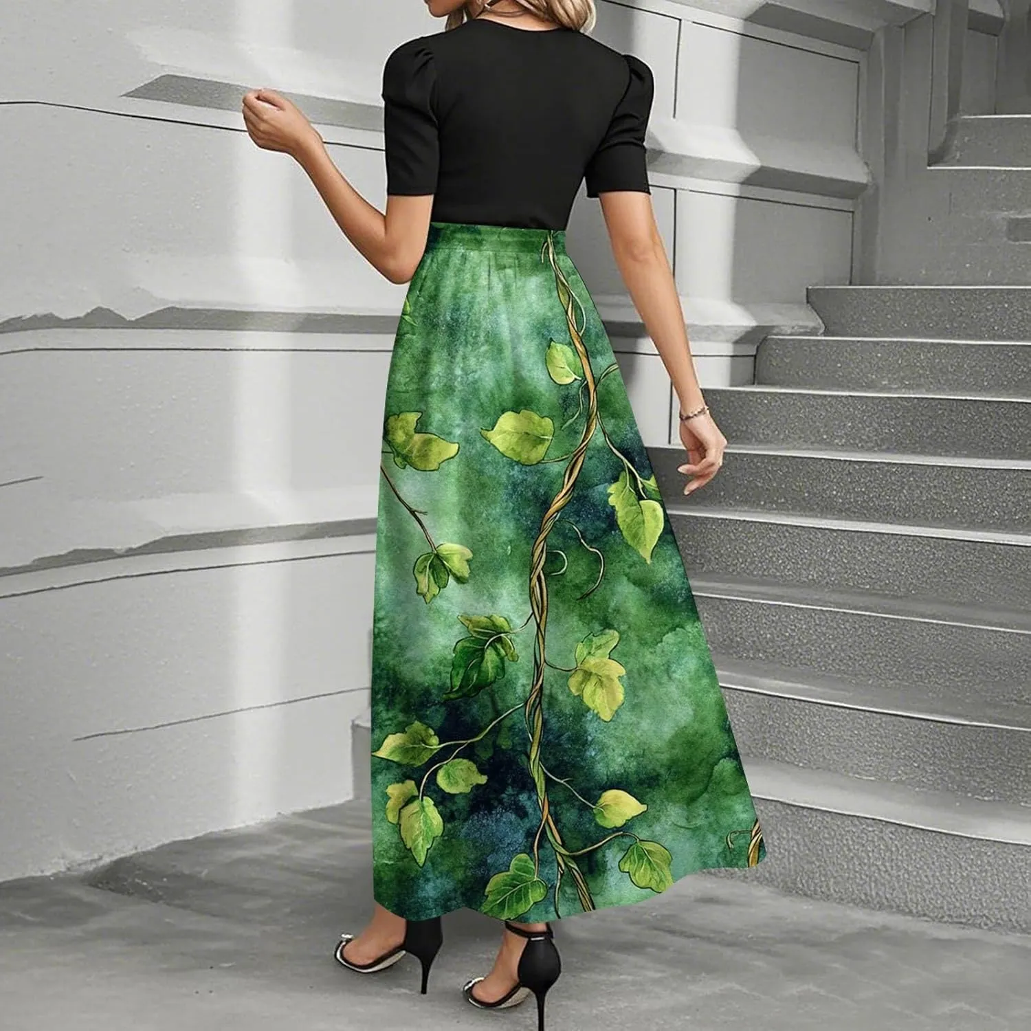 Summer Dresses for Women 2025 Floral Print Wrap Short Sleeve Dress Patchwork Ruffle Hem A Line Dress