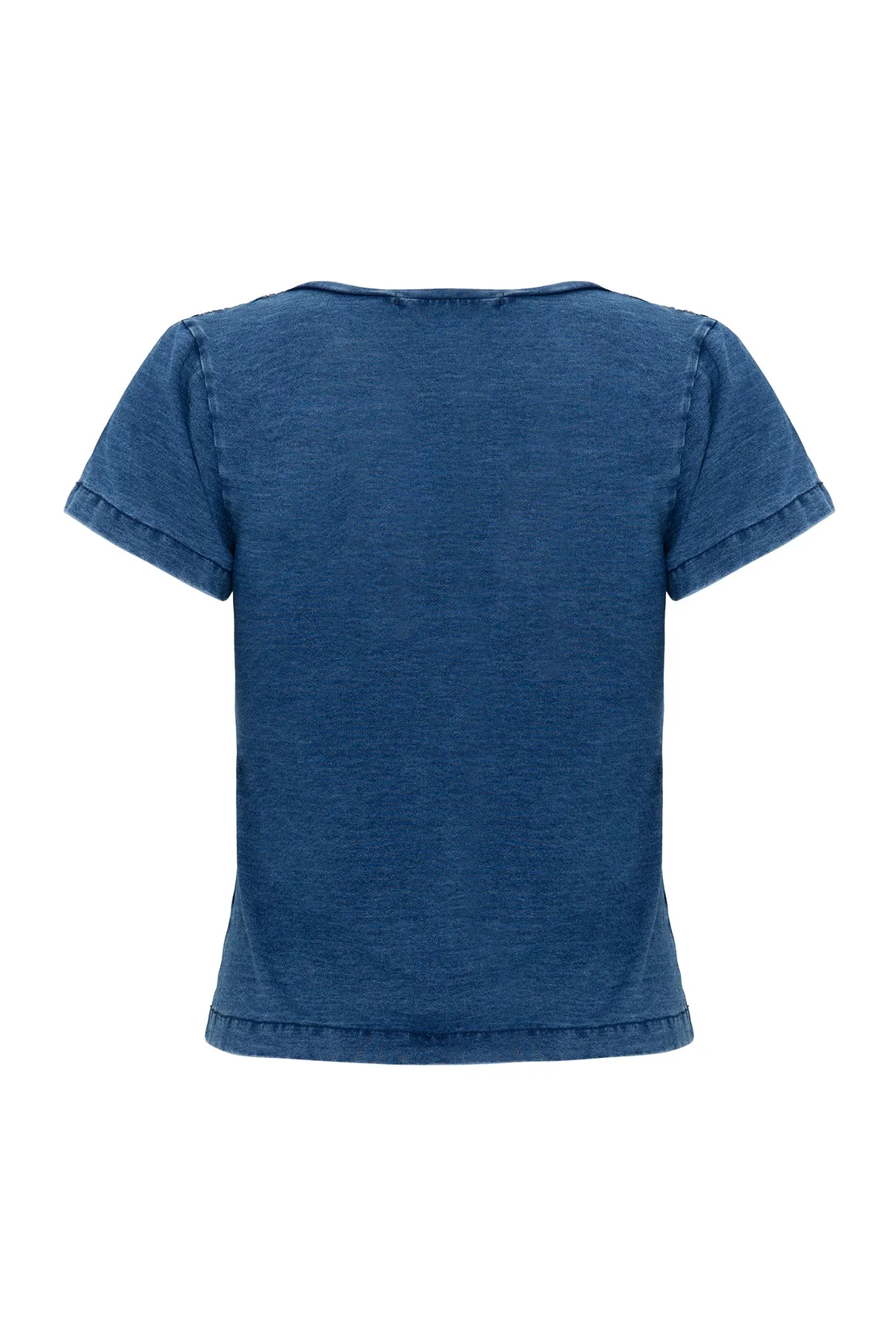 T- Shirt Denim Bordada nos Ombros