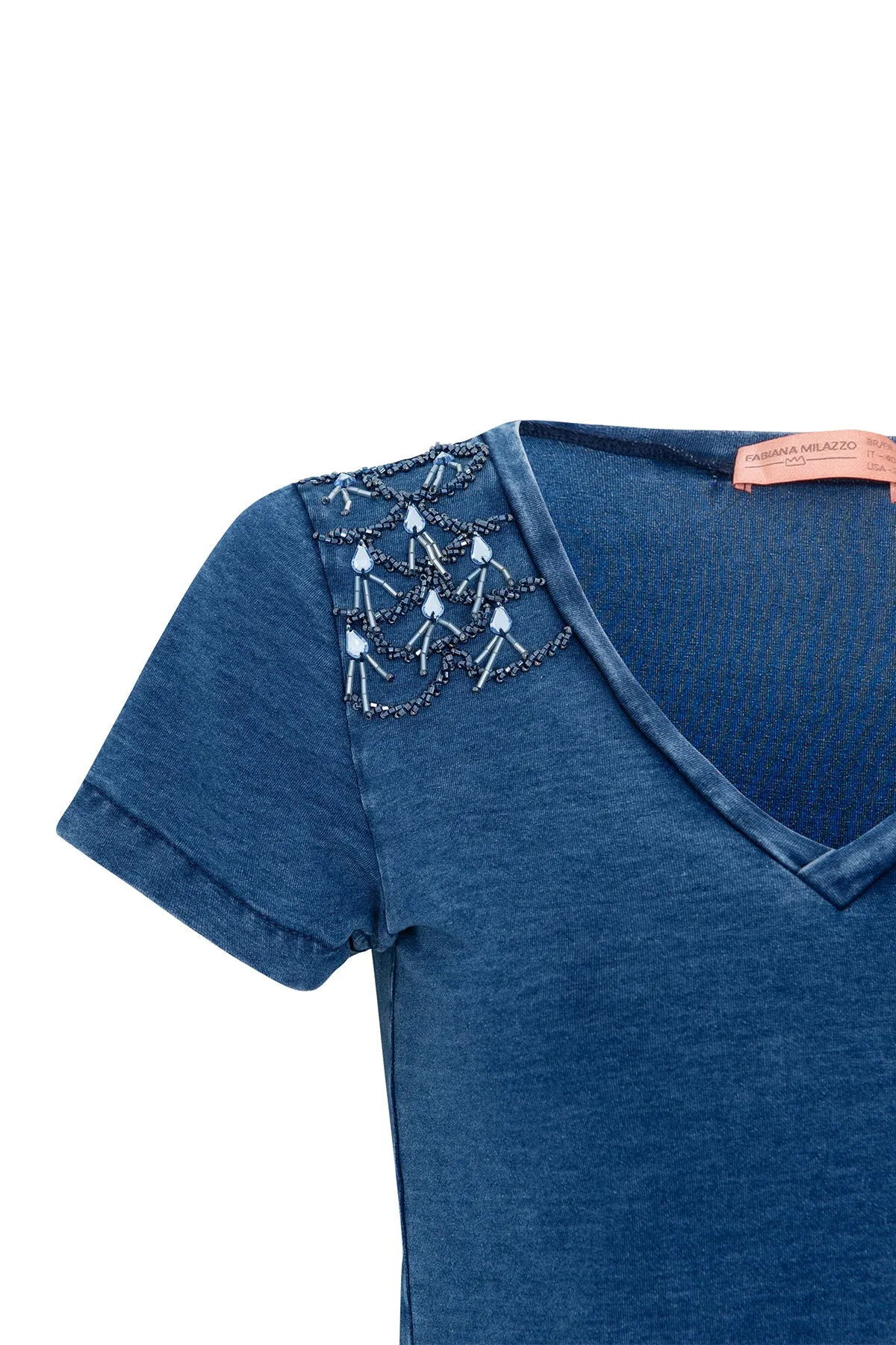 T- Shirt Denim Bordada nos Ombros