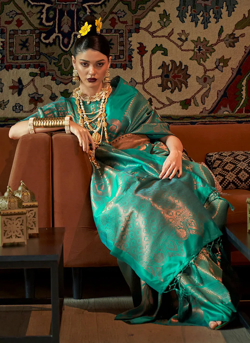 Teal Blue Zari Weaved Jacquard Silk Saree
