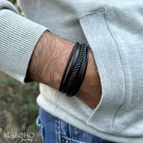 Unisex 5 Layer Genuine Black Leather Bracelet