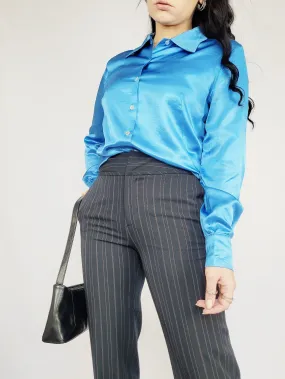 Vintage 90s blue silky satin minimalist smart casual blouse