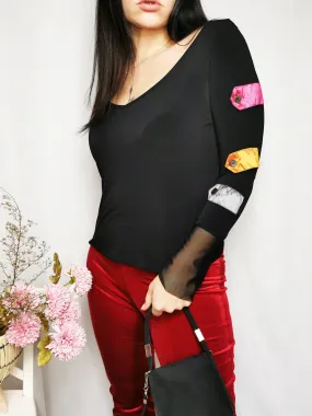 Vintage 90s minimalist black mesh sleeve Party top blouse