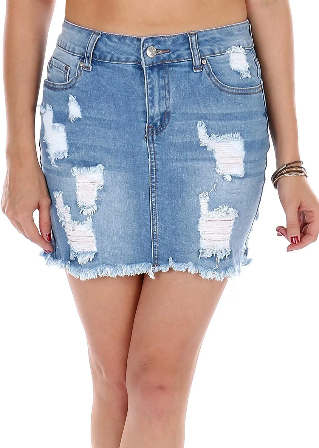 Wax Women's Juniors Vintage Casual Distressed A-Line Denim Short Skirt (Light Denim, Medium)