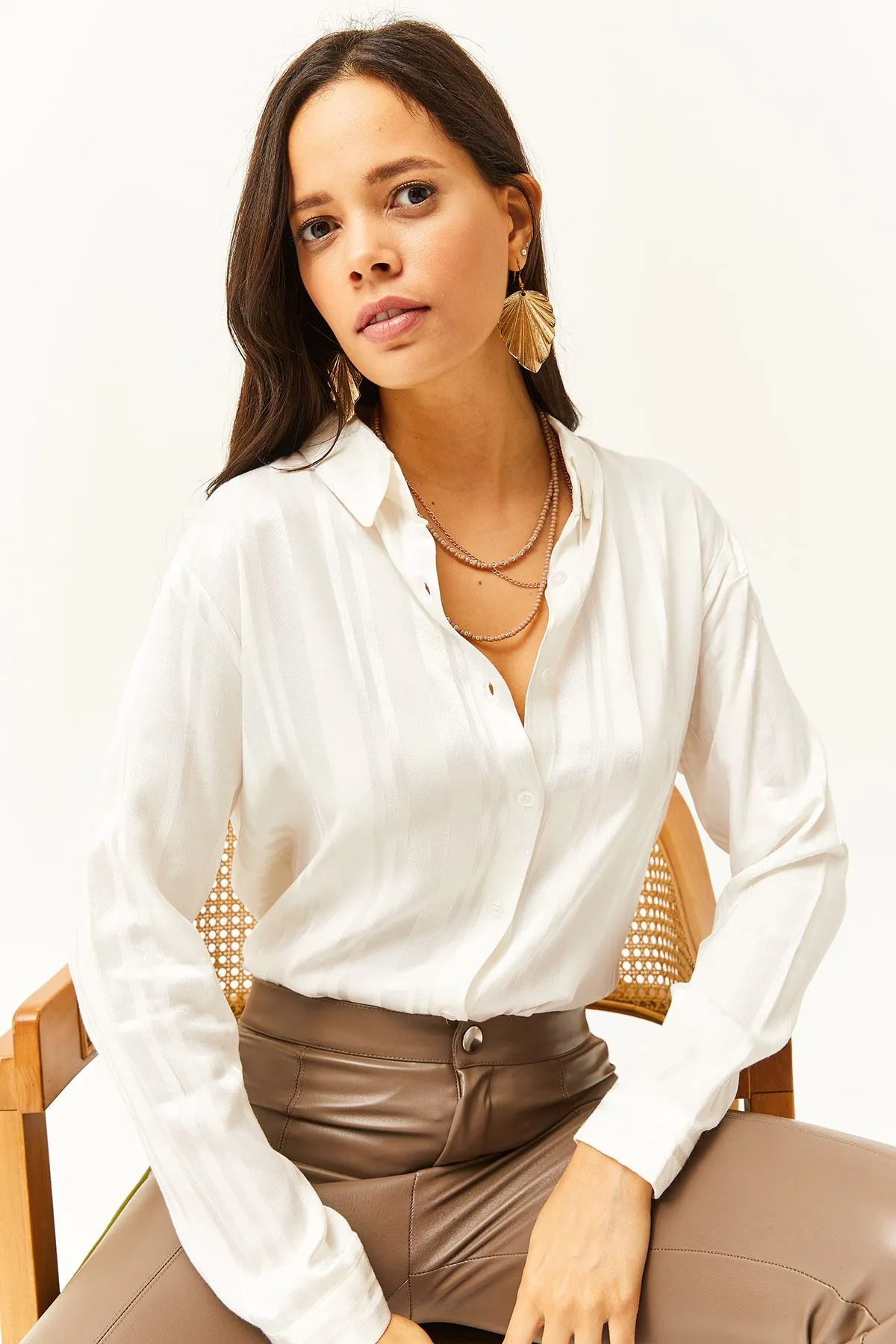 White Shiny Woven Shirt, Business Casual Office Attire, Professional Style, Timeless Piece,Minimalist Chic, Satin Look Blouse, Gift For Her