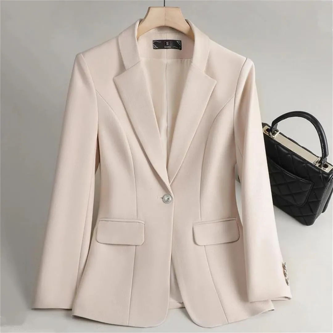 Women Elegant Single Button Long Sleeve Slim Jacket Chic Notched Solid Coat Office Wear Split Blazer