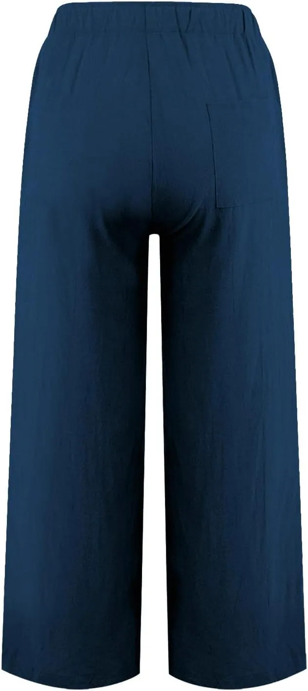 Women Solid Casual Pants Drawstring Waist Straight Wide Leg Trousers Comfy Lightweight Breathable Pant with Pocket