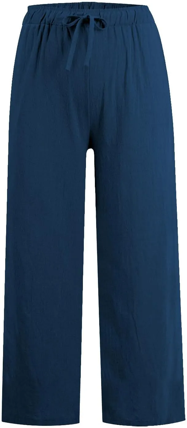 Women Solid Casual Pants Drawstring Waist Straight Wide Leg Trousers Comfy Lightweight Breathable Pant with Pocket
