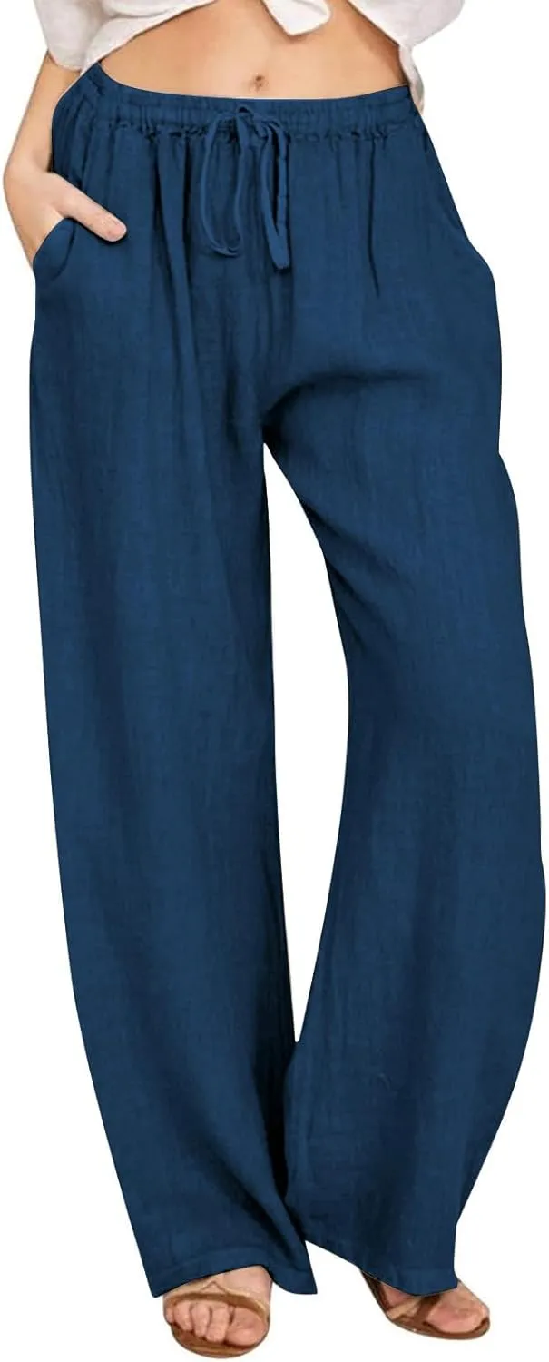 Women Solid Casual Pants Drawstring Waist Straight Wide Leg Trousers Comfy Lightweight Breathable Pant with Pocket