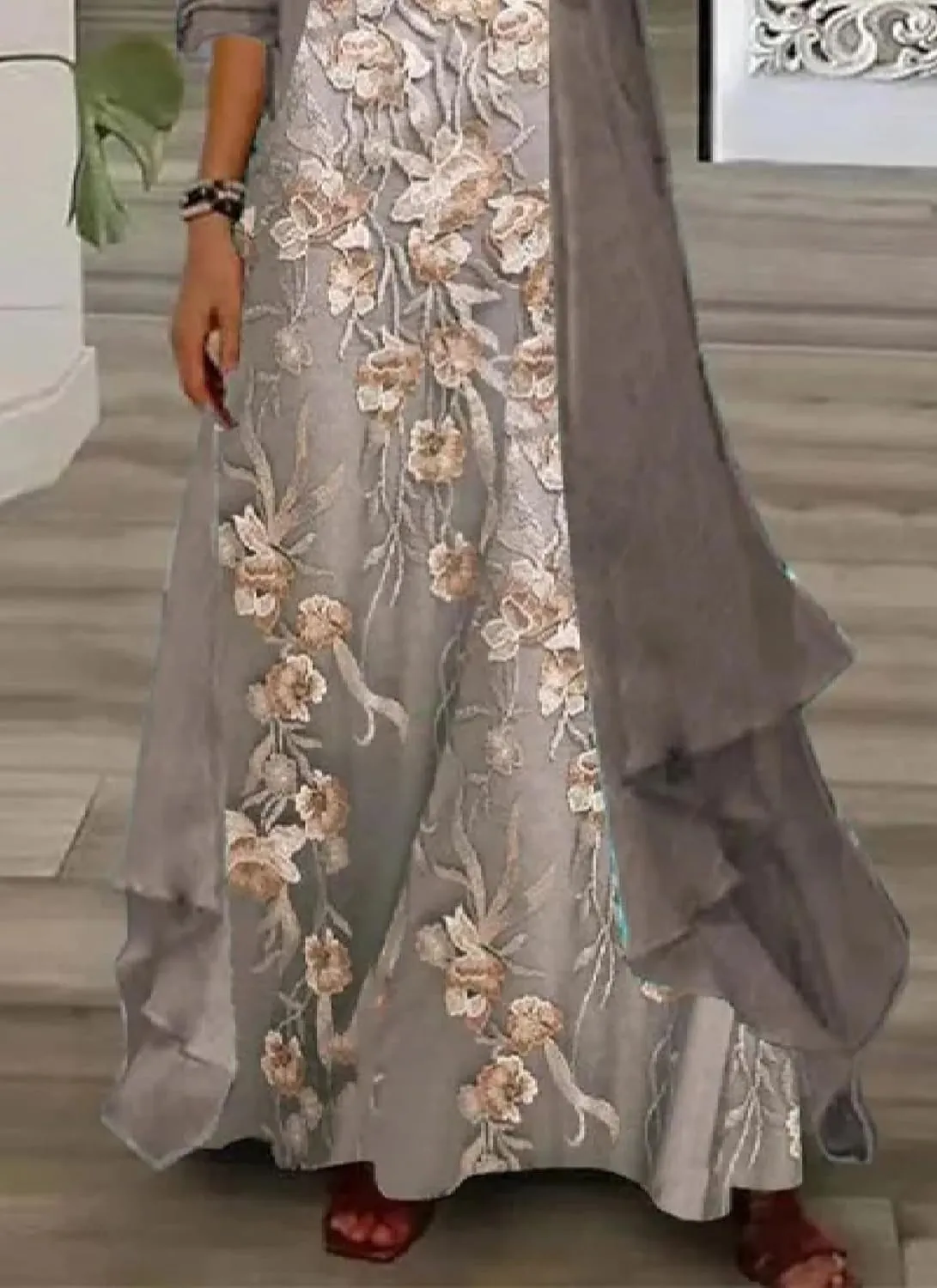 Women's Chic Brown Plant Print V Neck Shift Maxi Dress With Long Cardigan 2 Piece Set 2025 Summer Casual Trendy Outfits
