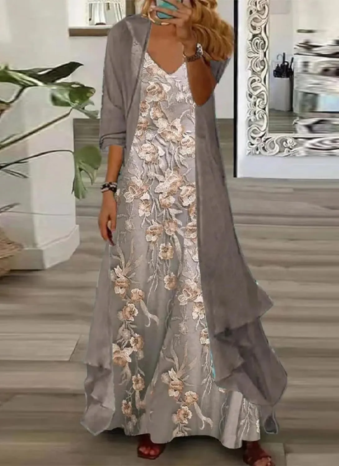 Women's Chic Brown Plant Print V Neck Shift Maxi Dress With Long Cardigan 2 Piece Set 2025 Summer Casual Trendy Outfits