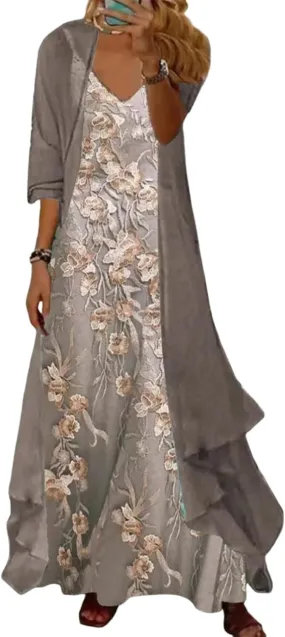 Women's Chic Brown Plant Print V Neck Shift Maxi Dress With Long Cardigan 2 Piece Set 2025 Summer Casual Trendy Outfits