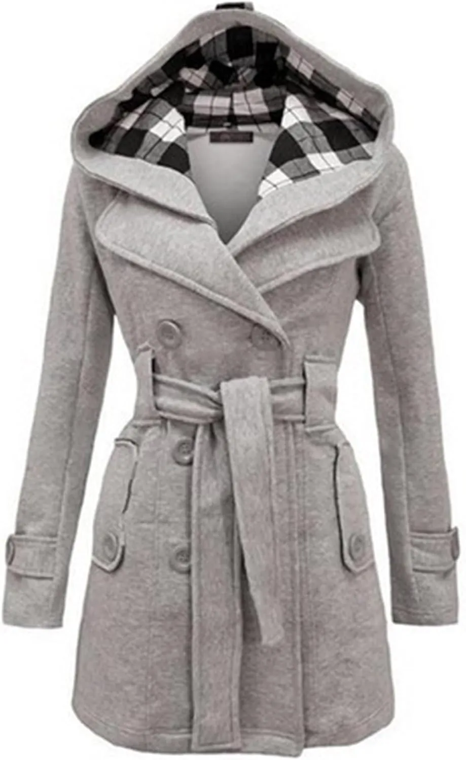 Womens Double Breasted Trench Coat Classic Lapel Belt Peacoat Fall Winter Warm Overcoat Outerwear with Hood