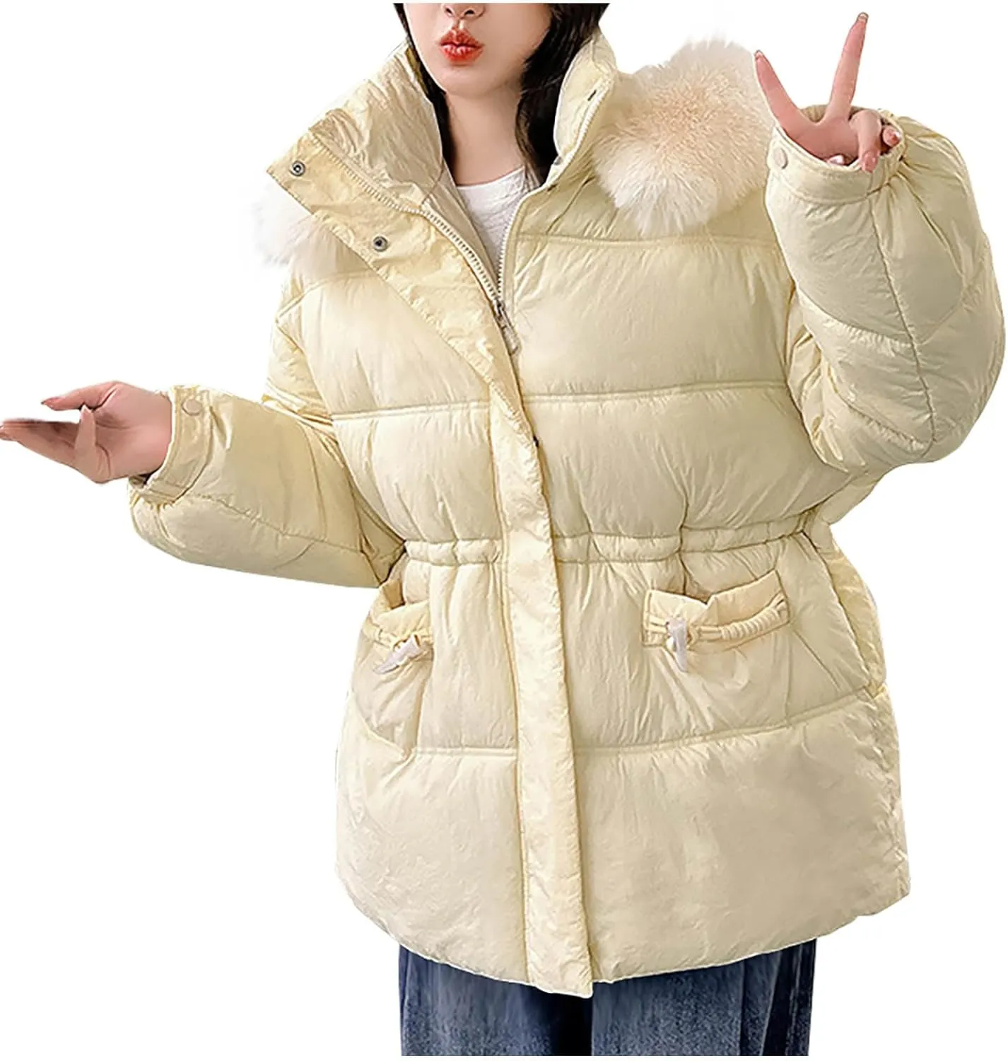 Women's Down Jacket Winter Long Puffer Parka Coat with Fur Hood Warmer Soft Comforable Jackets Solid Zipper Outwear