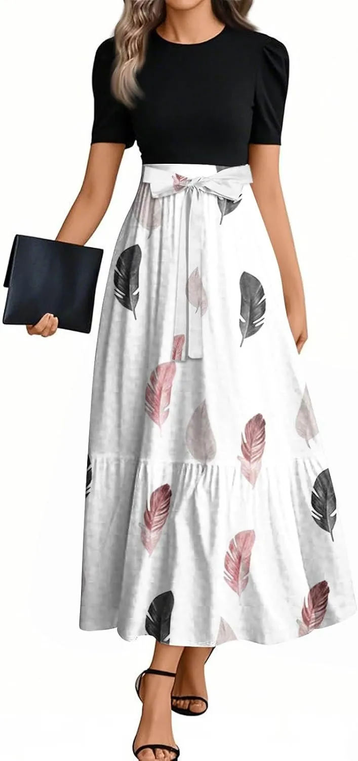 Womens Dresses for Wedding Guest 2025 Elegant Classy Empire Waist Short Sleeve A Line Dress Summer Work Wrap Sundress