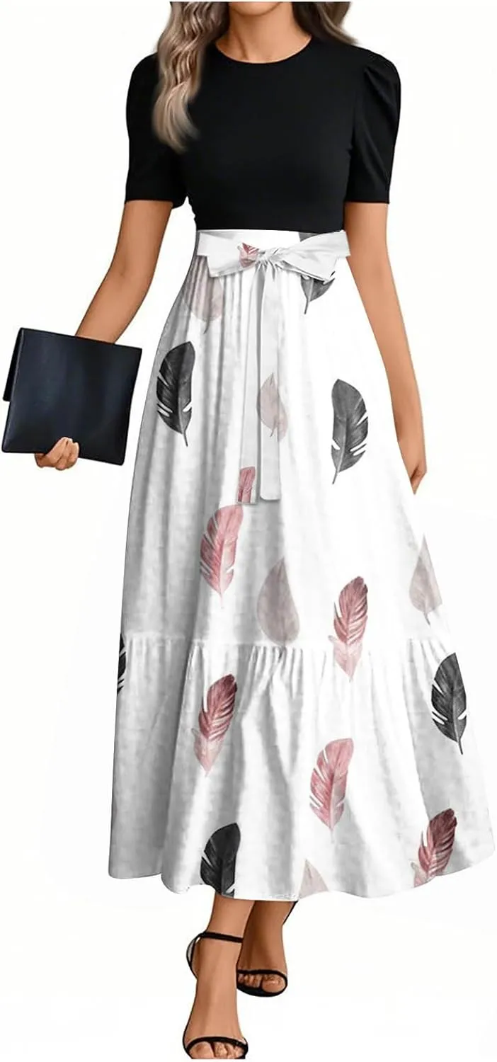 Womens Dresses for Wedding Guest 2025 Elegant Classy Empire Waist Short Sleeve A Line Dress Summer Work Wrap Sundress