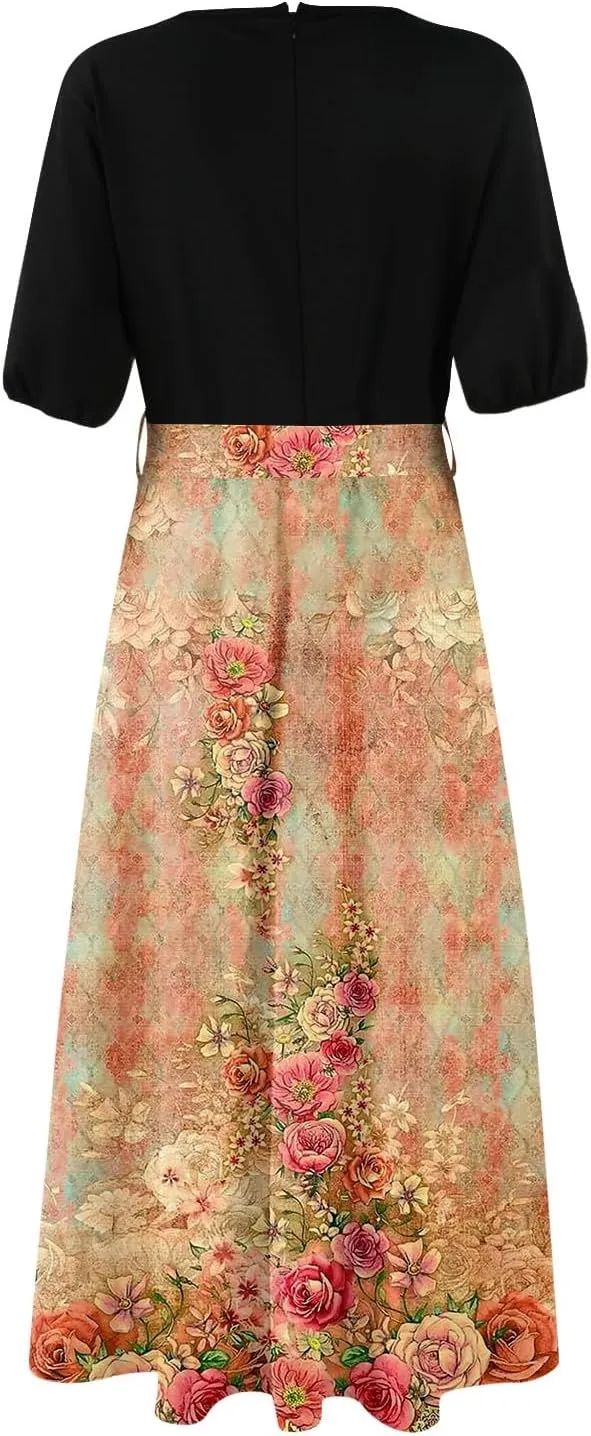 Womens Floral Maxi Dresses Spring Short Sleeve Split Trendy Sundress Tie Waist Deep V-Neck Light Beach Corset Maxi Dresses