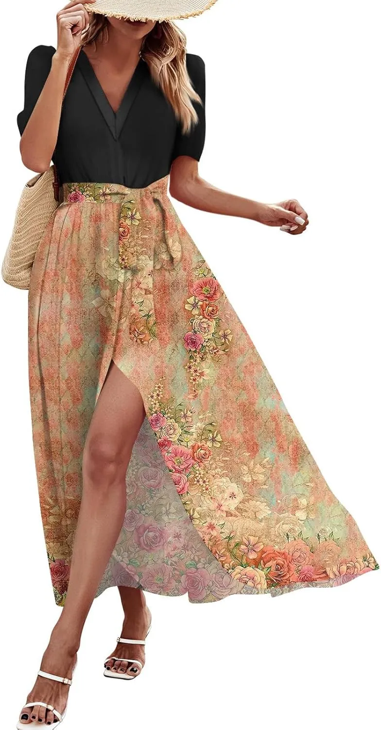 Womens Floral Maxi Dresses Spring Short Sleeve Split Trendy Sundress Tie Waist Deep V-Neck Light Beach Corset Maxi Dresses