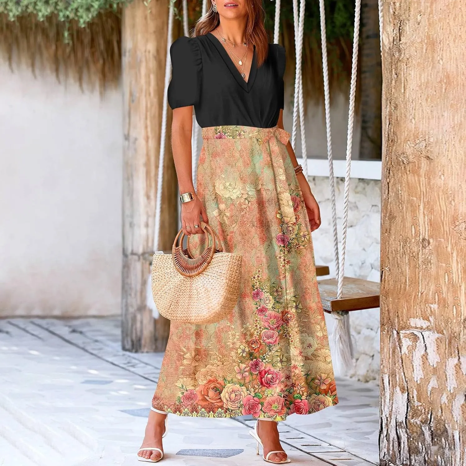 Womens Floral Maxi Dresses Spring Short Sleeve Split Trendy Sundress Tie Waist Deep V-Neck Light Beach Corset Maxi Dresses