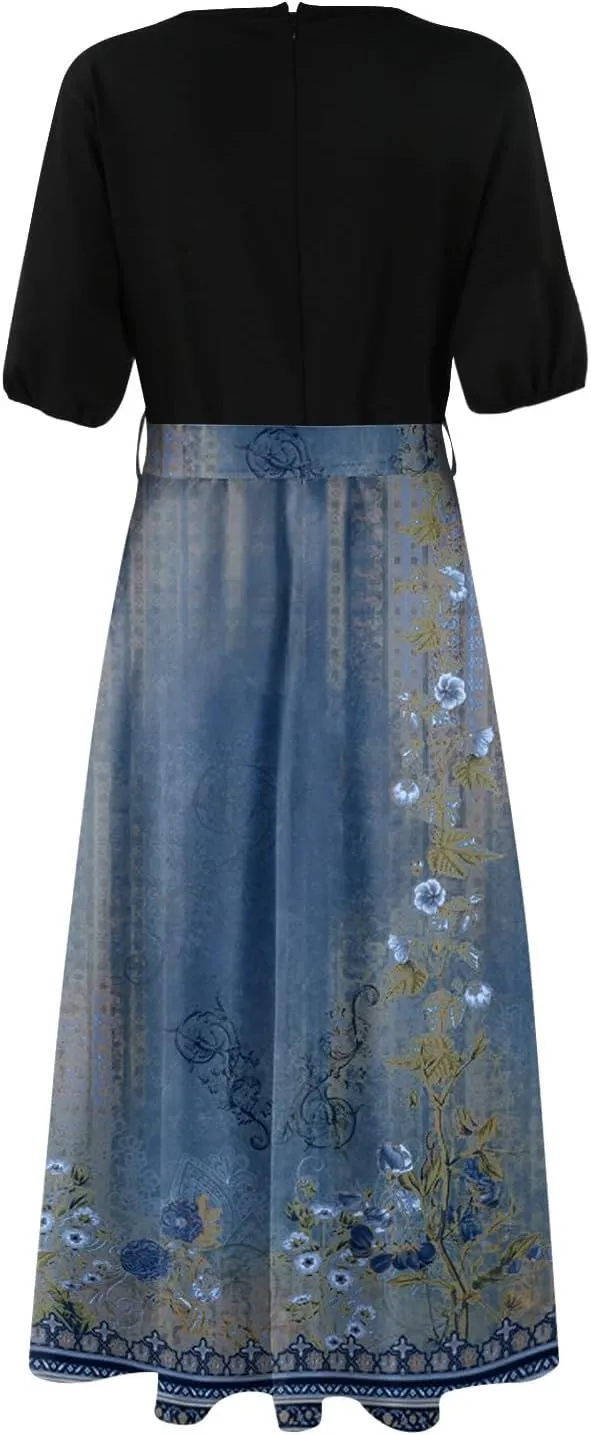 Womens Floral Maxi Dresses Spring Short Sleeve Split Trendy Sundress Tie Waist Deep V-Neck Light Beach Corset Maxi Dresses