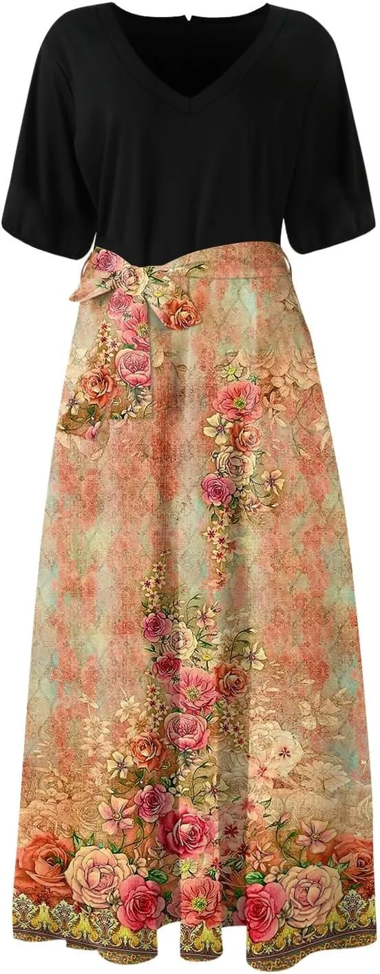 Womens Floral Maxi Dresses Spring Short Sleeve Split Trendy Sundress Tie Waist Deep V-Neck Light Beach Corset Maxi Dresses