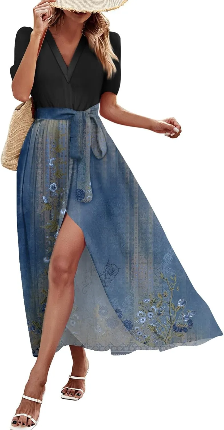 Womens Floral Maxi Dresses Spring Short Sleeve Split Trendy Sundress Tie Waist Deep V-Neck Light Beach Corset Maxi Dresses