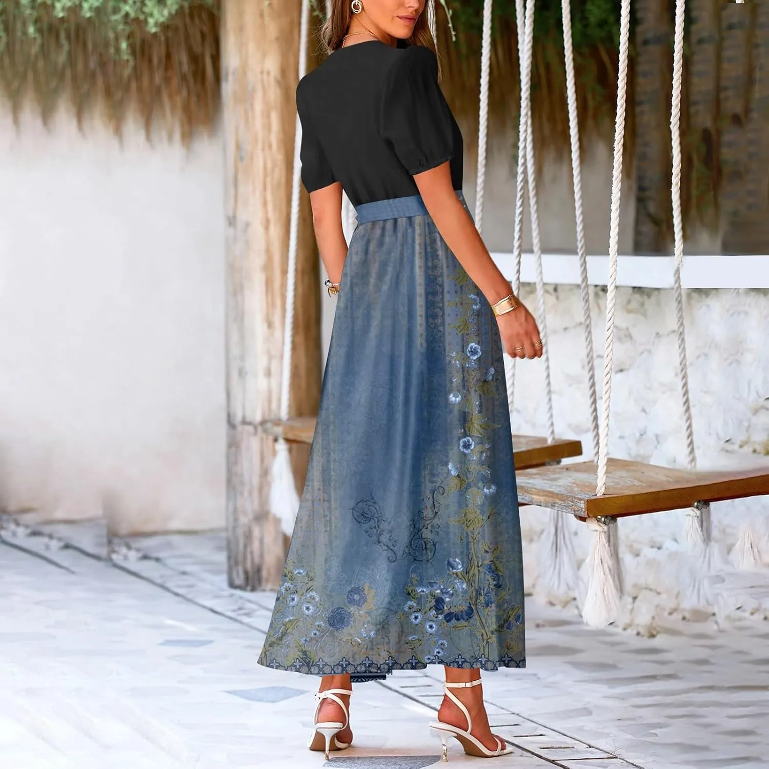 Womens Floral Maxi Dresses Spring Short Sleeve Split Trendy Sundress Tie Waist Deep V-Neck Light Beach Corset Maxi Dresses