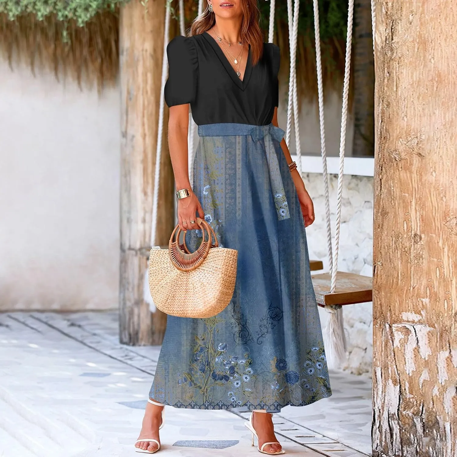 Womens Floral Maxi Dresses Spring Short Sleeve Split Trendy Sundress Tie Waist Deep V-Neck Light Beach Corset Maxi Dresses