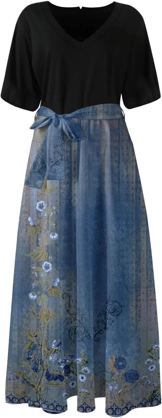 Womens Floral Maxi Dresses Spring Short Sleeve Split Trendy Sundress Tie Waist Deep V-Neck Light Beach Corset Maxi Dresses