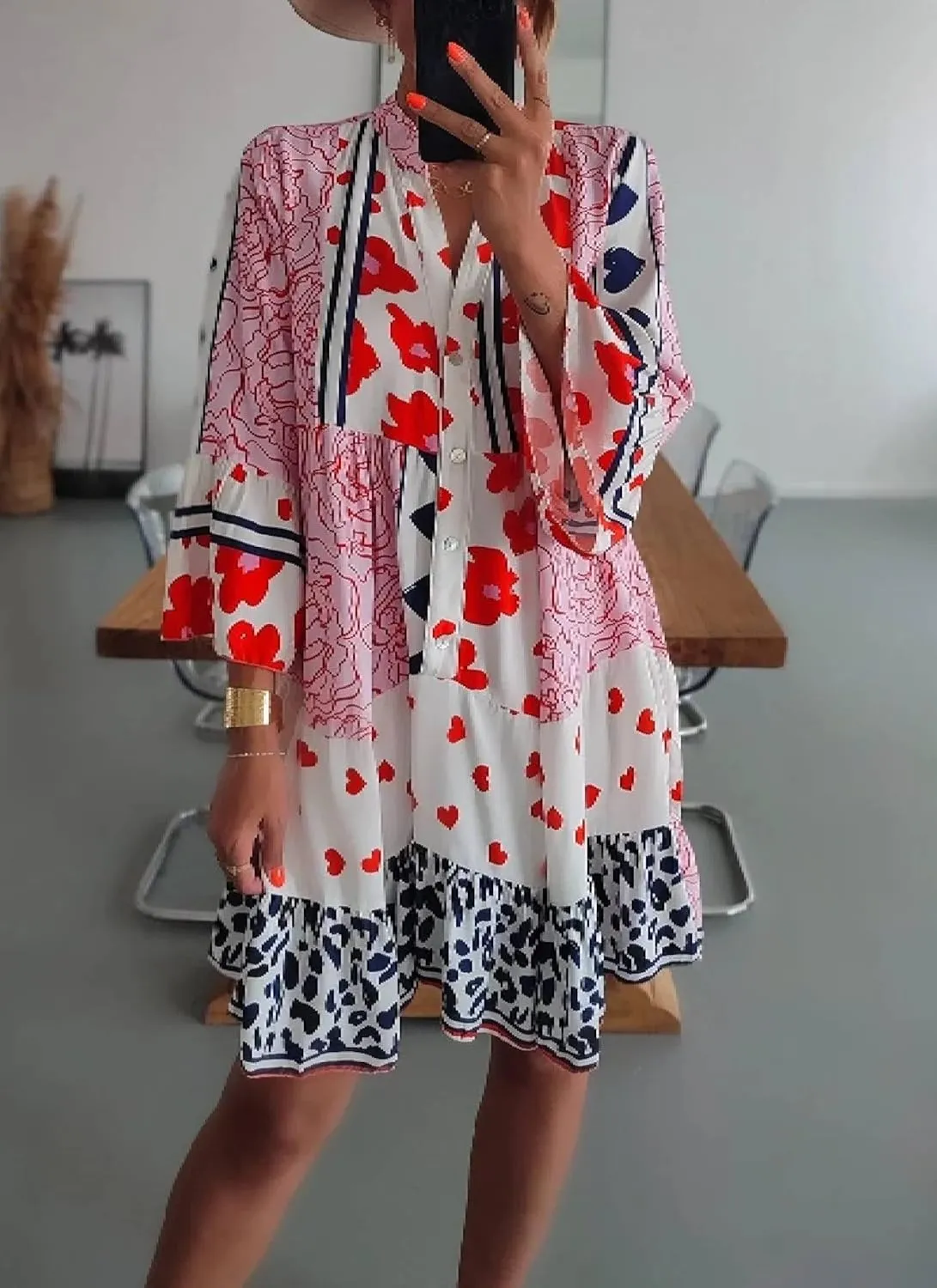 Women's Heart Print V Neck 3/4 Sleeve Button Down Shift Dress 2025 Summer Casual Chic Boho Club Party Dresses