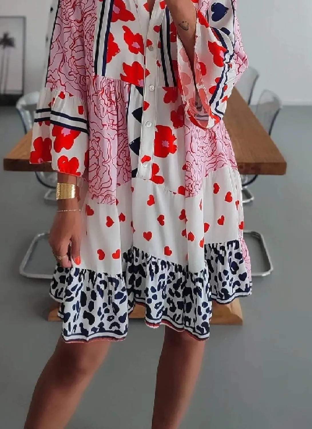 Women's Heart Print V Neck 3/4 Sleeve Button Down Shift Dress 2025 Summer Casual Chic Boho Club Party Dresses