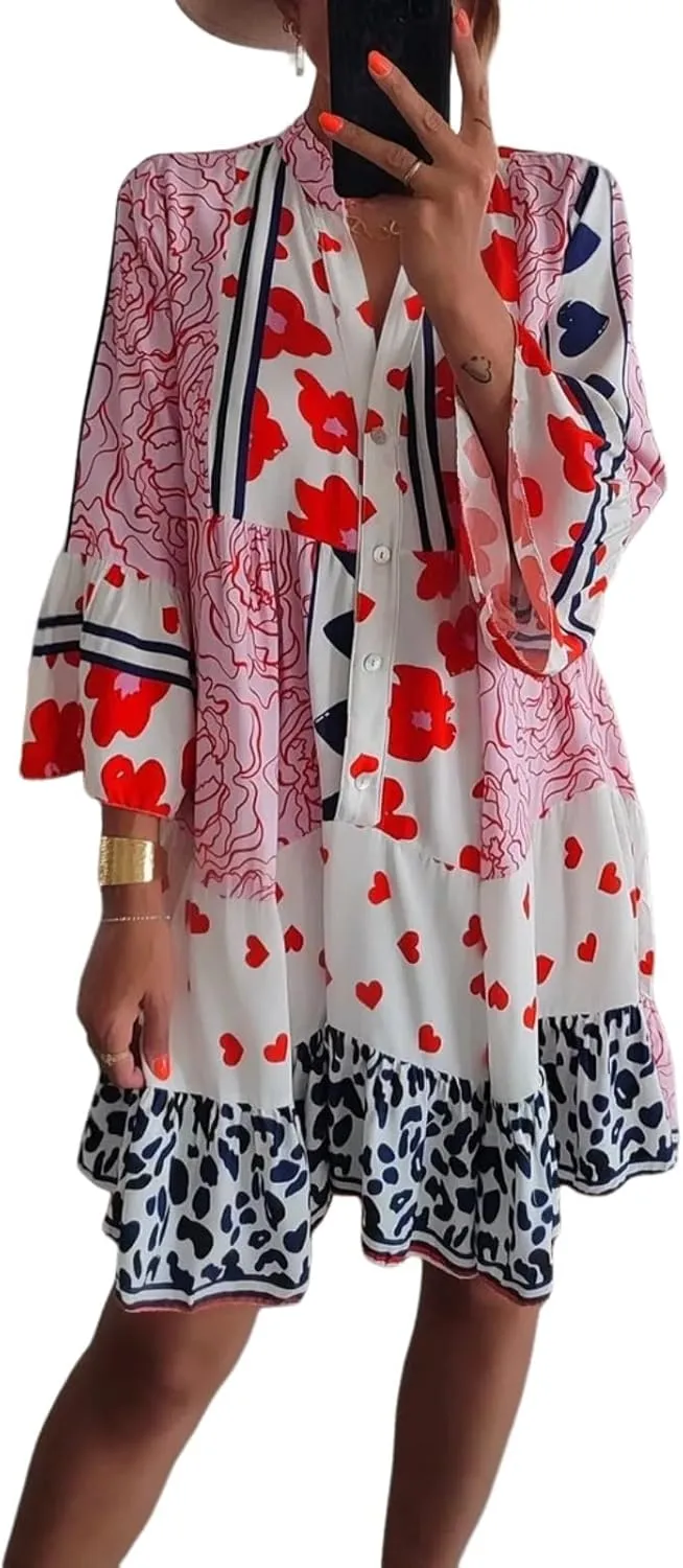 Women's Heart Print V Neck 3/4 Sleeve Button Down Shift Dress 2025 Summer Casual Chic Boho Club Party Dresses