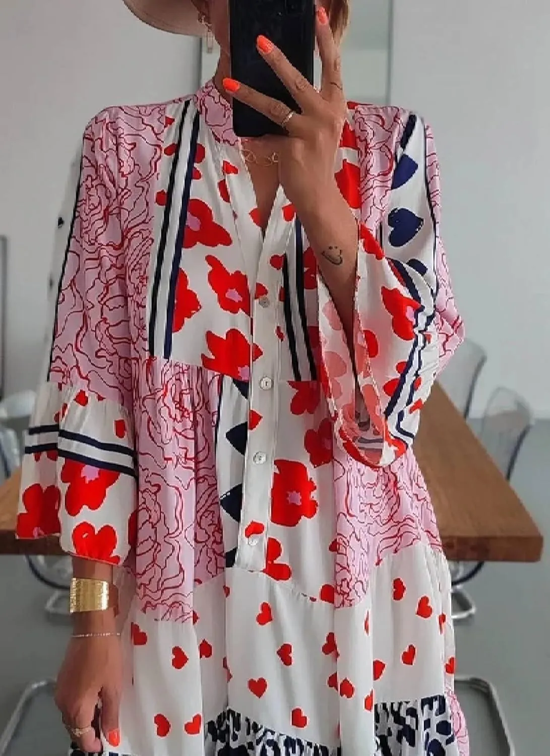 Women's Heart Print V Neck 3/4 Sleeve Button Down Shift Dress 2025 Summer Casual Chic Boho Club Party Dresses