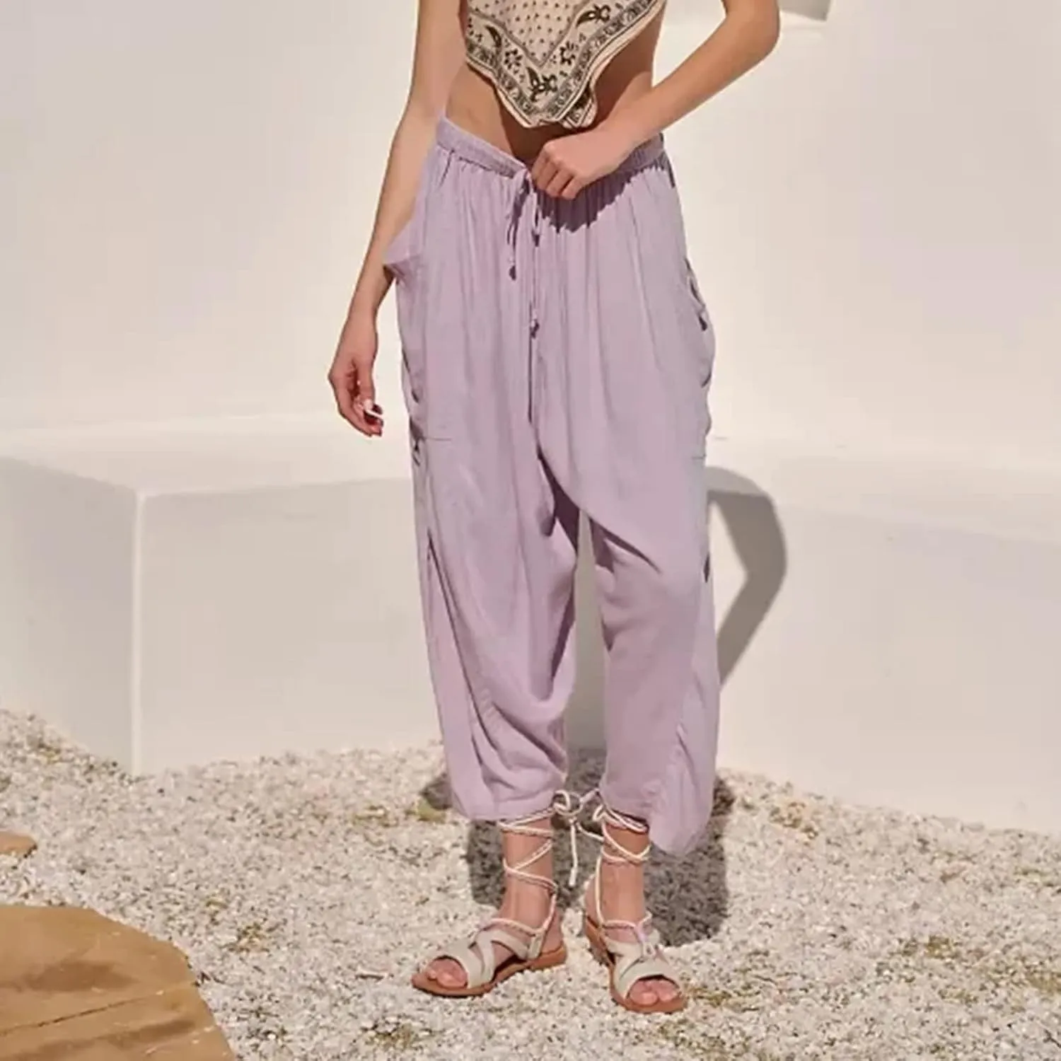 Women's Plus Size Wide Leg Linen Pants Baggy Harem Pants Hippie Palazzo Lounge Pants Boho Beach Pants with Pockets