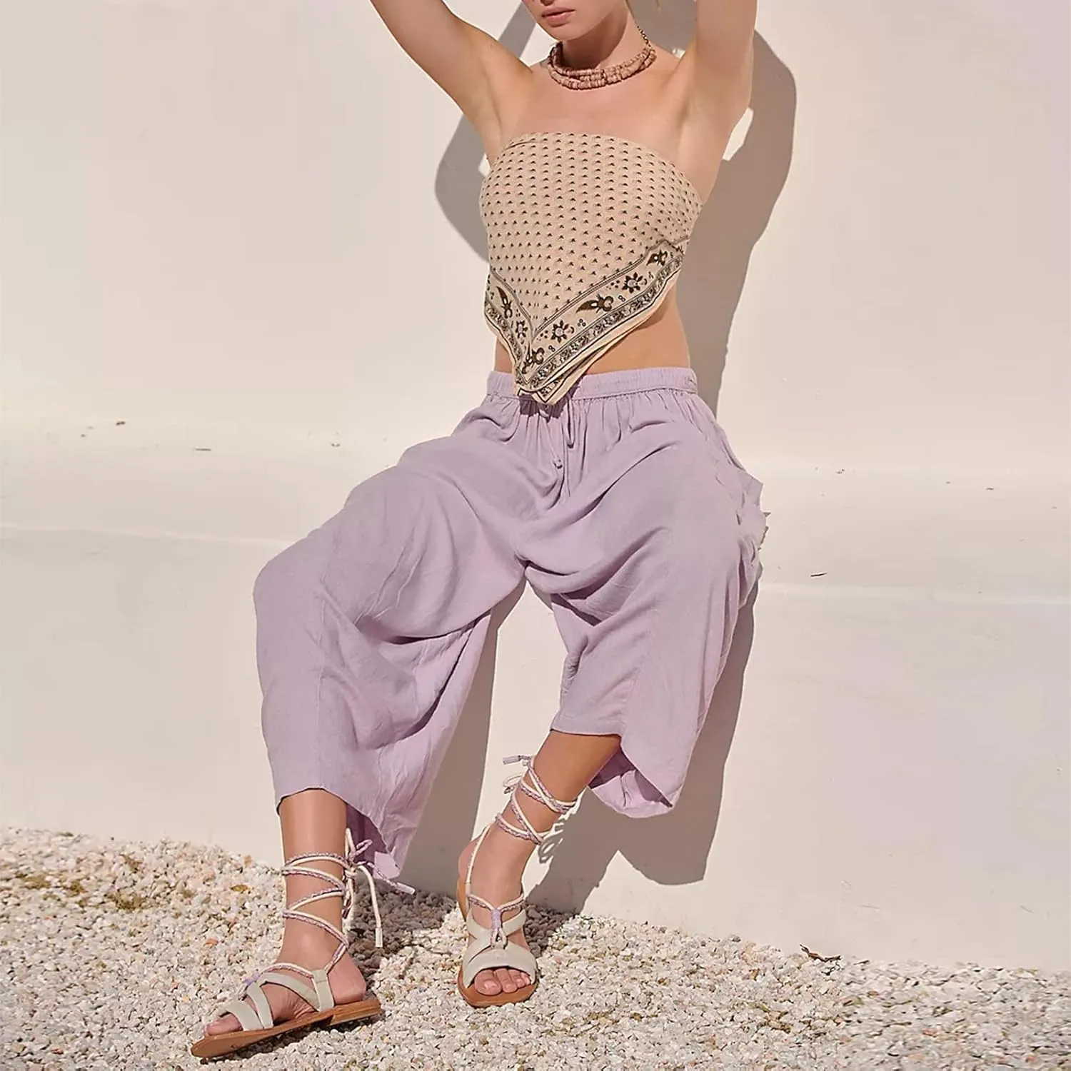 Women's Plus Size Wide Leg Linen Pants Baggy Harem Pants Hippie Palazzo Lounge Pants Boho Beach Pants with Pockets