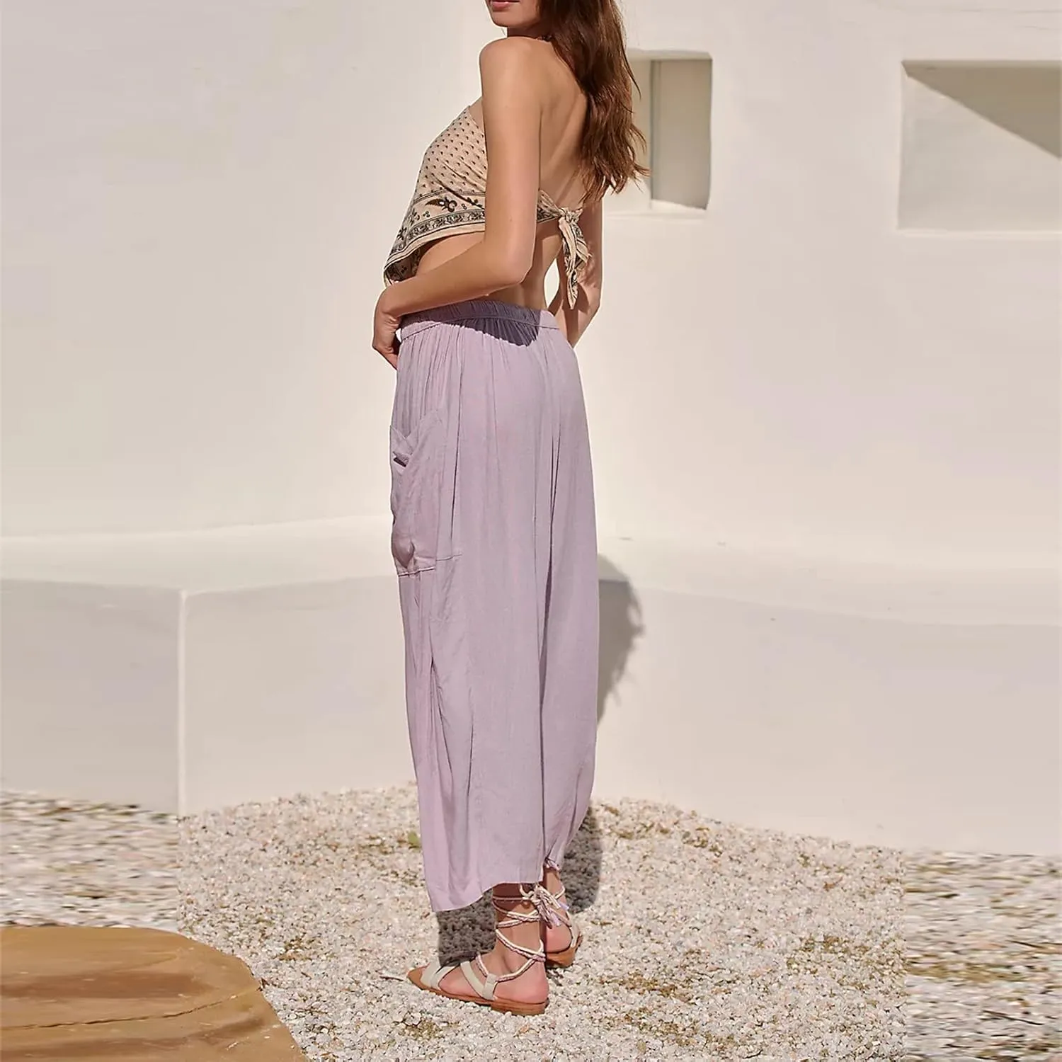 Women's Plus Size Wide Leg Linen Pants Baggy Harem Pants Hippie Palazzo Lounge Pants Boho Beach Pants with Pockets