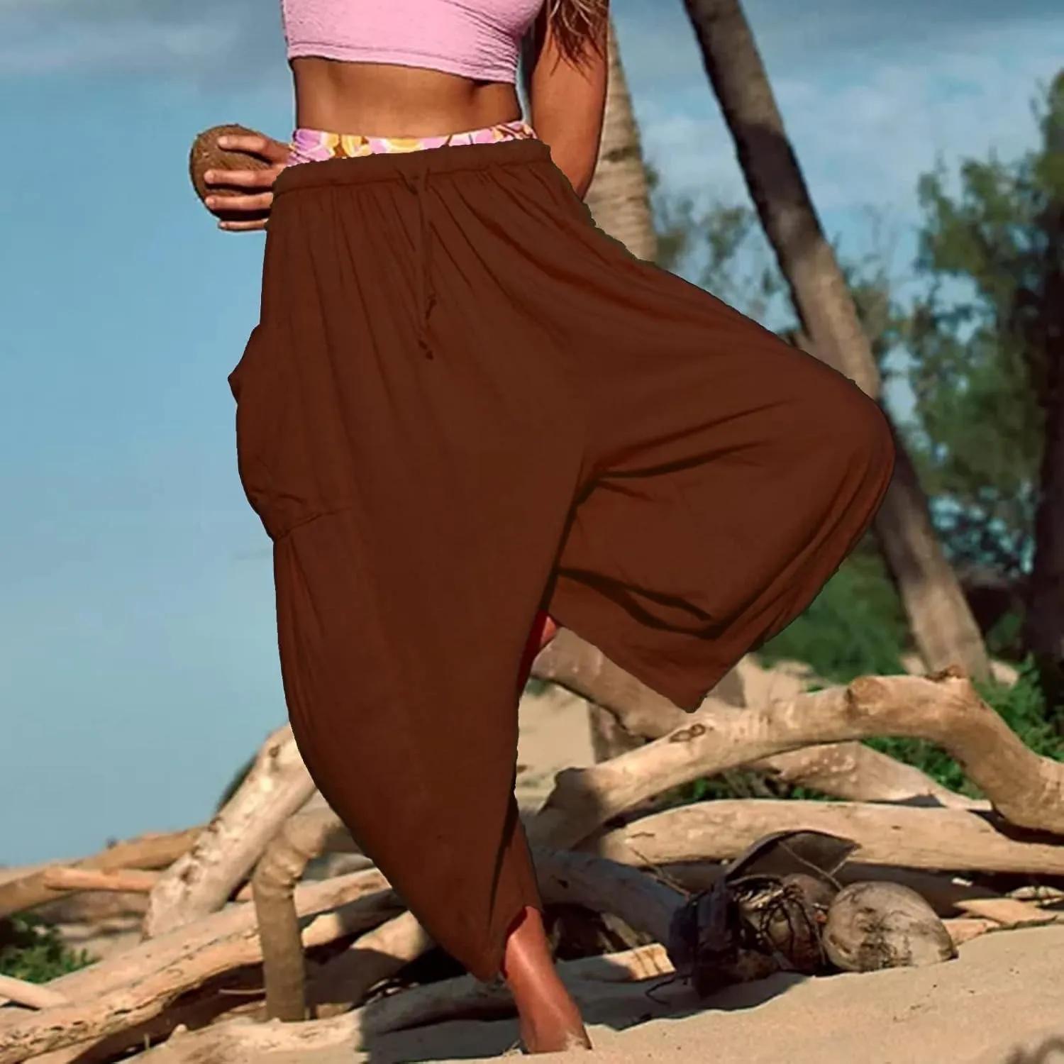 Women's Plus Size Wide Leg Linen Pants Baggy Harem Pants Hippie Palazzo Lounge Pants Boho Beach Pants with Pockets