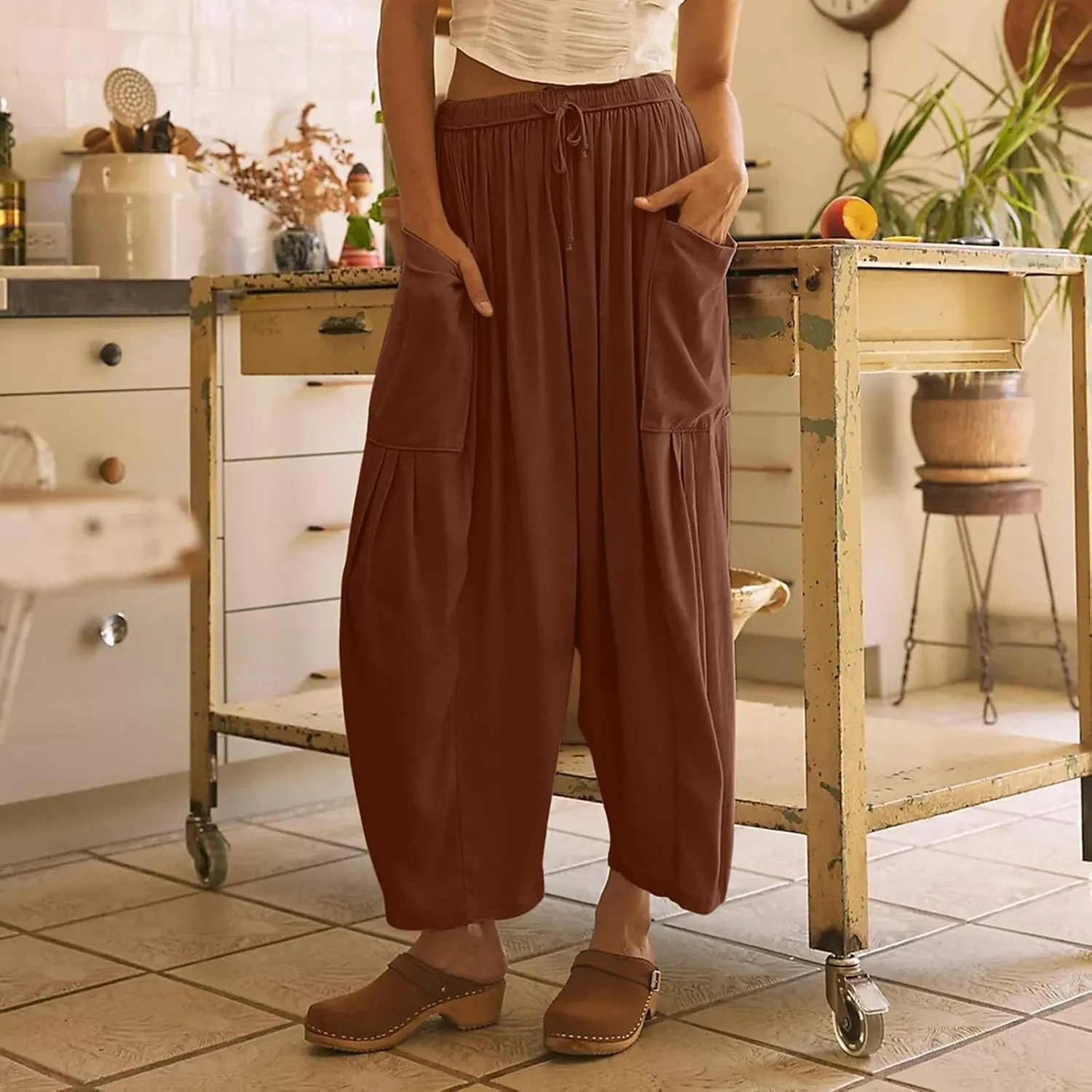 Women's Plus Size Wide Leg Linen Pants Baggy Harem Pants Hippie Palazzo Lounge Pants Boho Beach Pants with Pockets