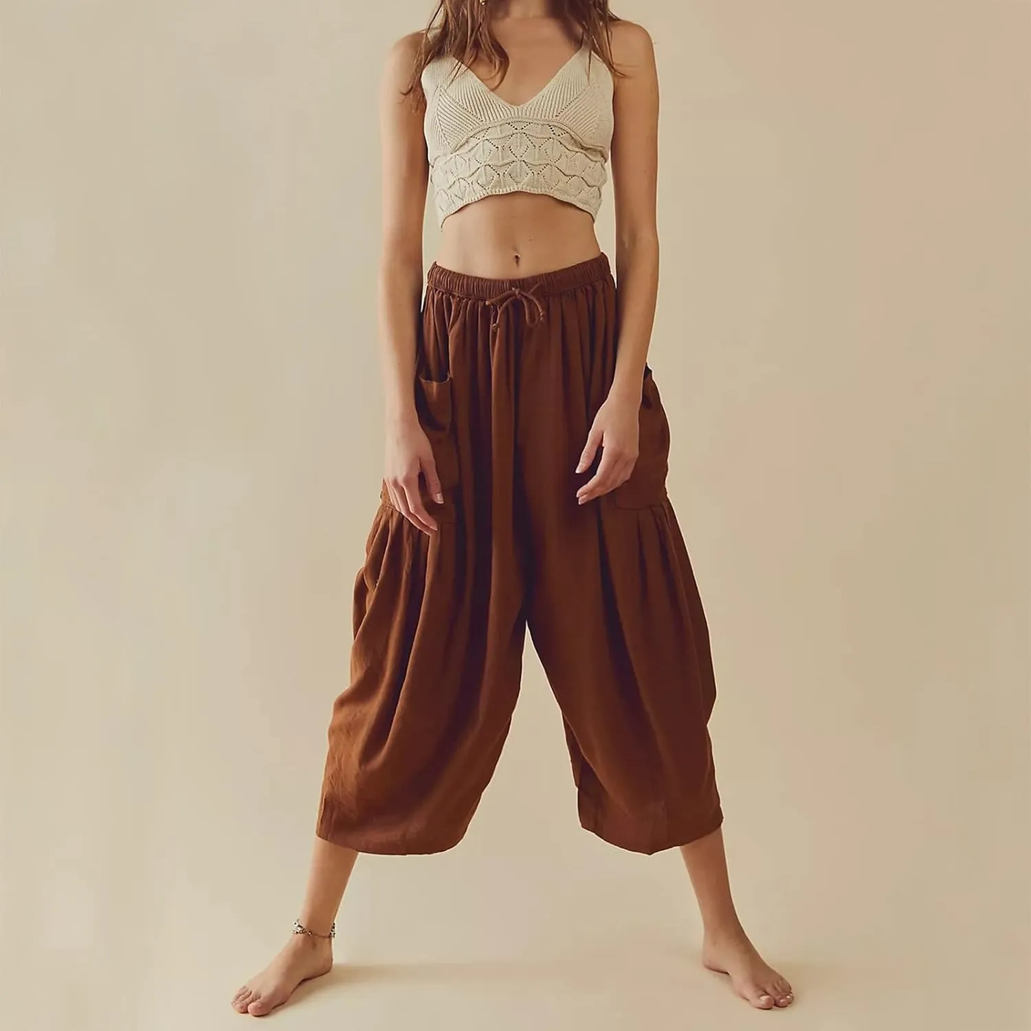 Women's Plus Size Wide Leg Linen Pants Baggy Harem Pants Hippie Palazzo Lounge Pants Boho Beach Pants with Pockets