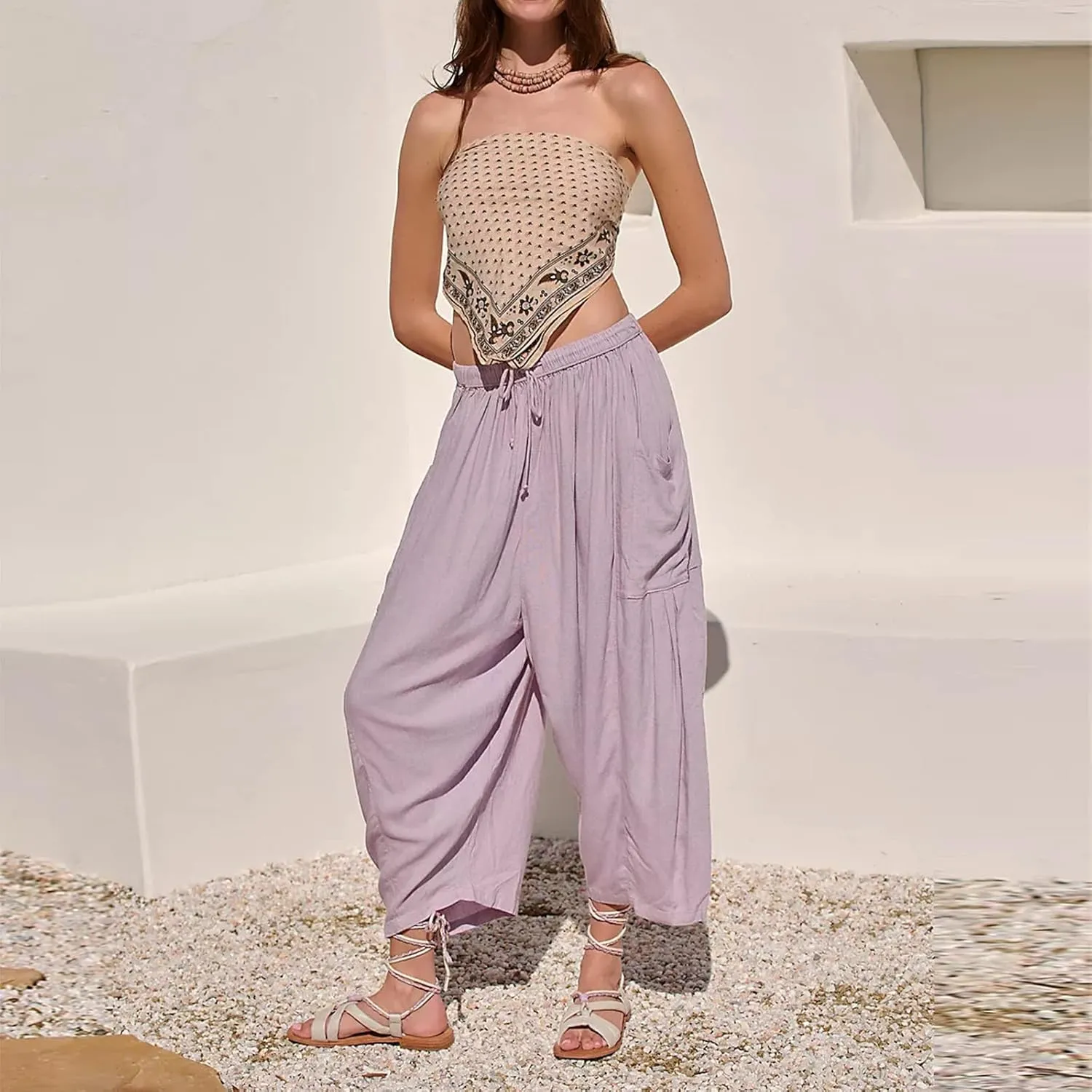 Women's Plus Size Wide Leg Linen Pants Baggy Harem Pants Hippie Palazzo Lounge Pants Boho Beach Pants with Pockets