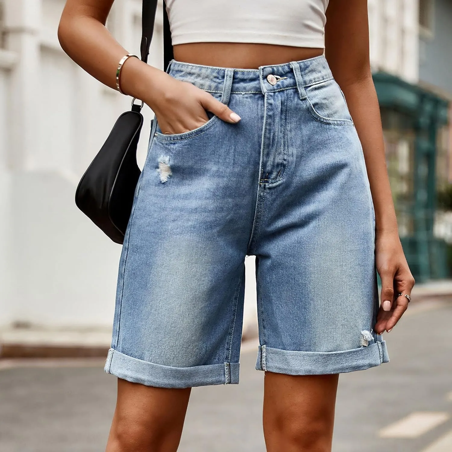 Womens Shorts Casual Denim Petite High Waisted Wide Leg Short Pants with Pocket Vacation Outfits