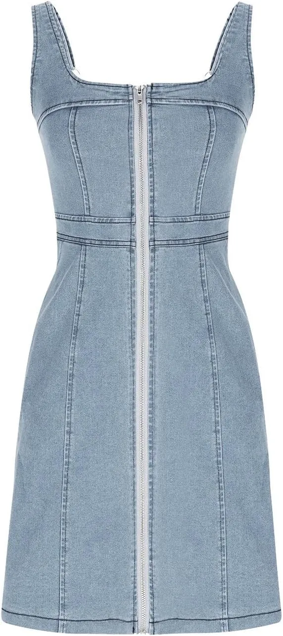 Womens Summer Casual Tank Denim Dress 2025 New Sleeveless Zipper Front Mini Sexy Jean Dresses with Pockets