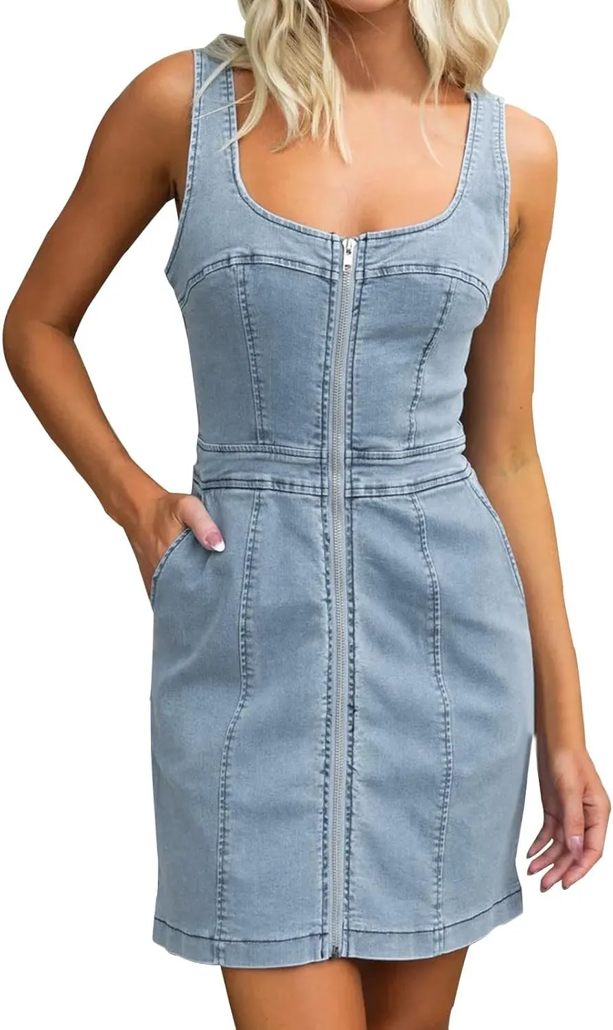 Womens Summer Casual Tank Denim Dress 2025 New Sleeveless Zipper Front Mini Sexy Jean Dresses with Pockets
