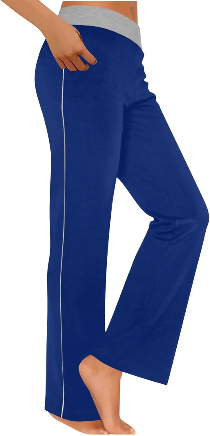 Womens Summer Sporting Pants Color Blocked Elastic Waisted Straight Leg Loose Breathable Lounge Trousers with Pockets