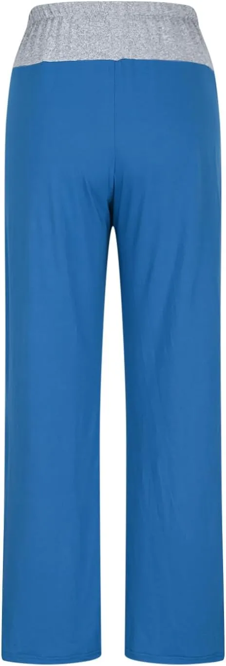 Womens Summer Sporting Pants Color Blocked Elastic Waisted Straight Leg Loose Breathable Lounge Trousers with Pockets