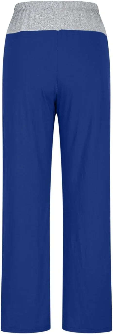 Womens Summer Sporting Pants Color Blocked Elastic Waisted Straight Leg Loose Breathable Lounge Trousers with Pockets