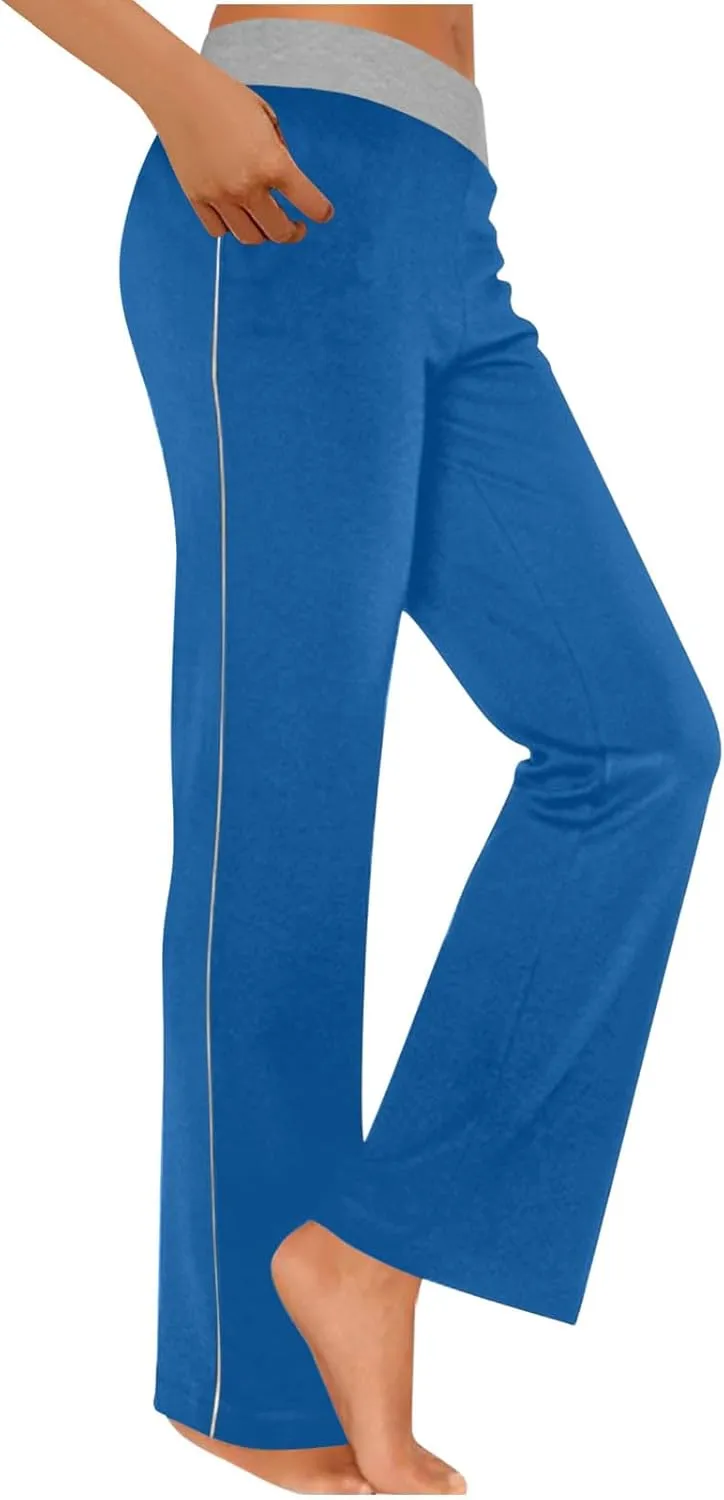 Womens Summer Sporting Pants Color Blocked Elastic Waisted Straight Leg Loose Breathable Lounge Trousers with Pockets