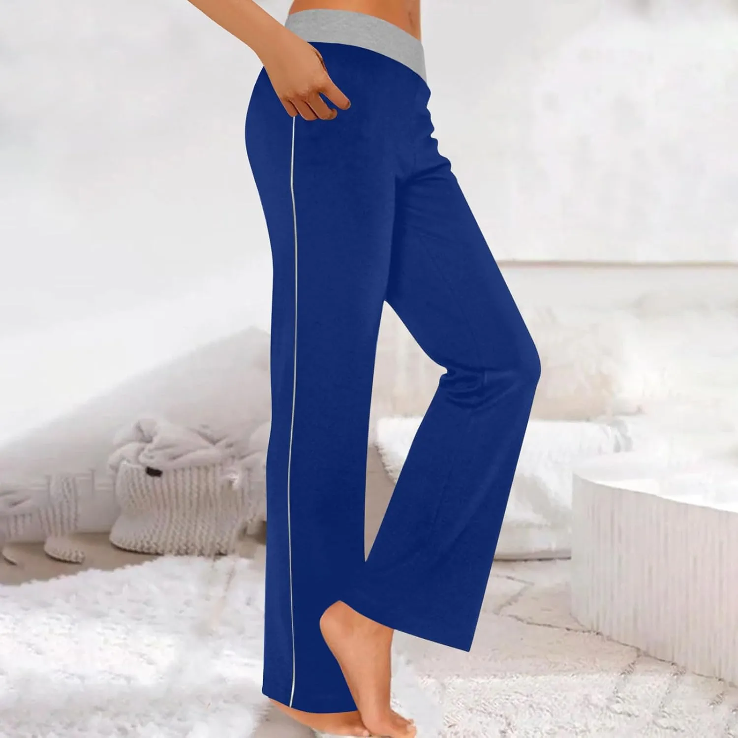 Womens Summer Sporting Pants Color Blocked Elastic Waisted Straight Leg Loose Breathable Lounge Trousers with Pockets