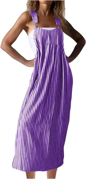 Women's Vertical Stripe Cami Dress Loose Crew Neck Mid Calf Length Dresses Summer Strapped Trendy Casual Dress